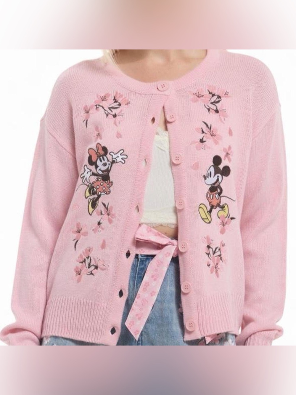 Pink Disney Minnie & Mickey Floral Button-Up Cardigan Sweater